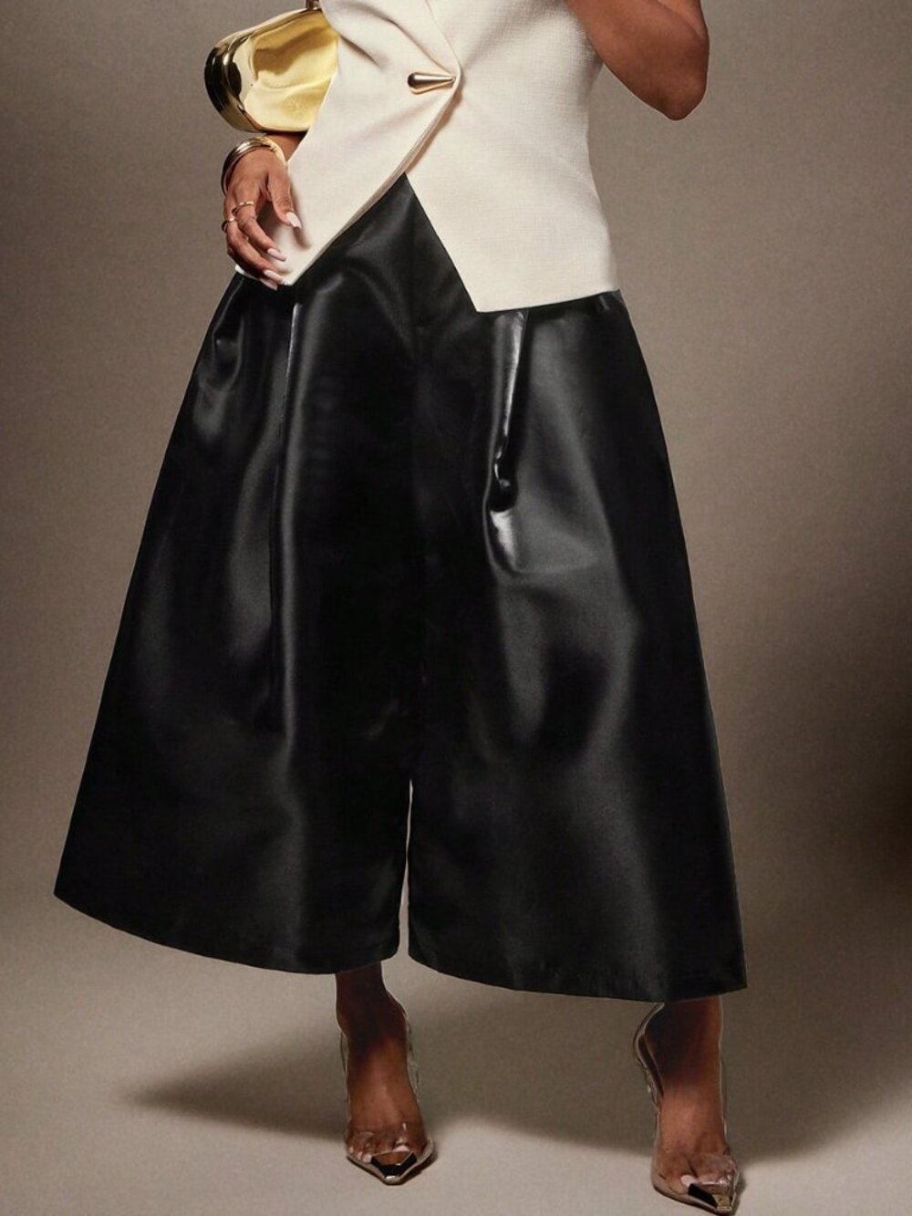 Black Elegant Women's High Waist Wide Leg Loose Fit Capri Pants